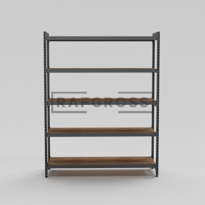 RAFGROSS Siyah Ahşap Tablalı Hafif Yük Raf Sistemi 50x100x200 cm | 5 Katlı Metal Depo Rafı | Siyah Çelik Arşiv ve Stok Rafı