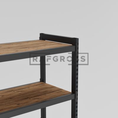 RAFGROSS Siyah Ahşap Tablalı Hafif Yük Raf Sistemi 50x100x250 cm | 6 Katlı Metal Depo Rafı | Siyah Çelik Arşiv ve Stok Rafı