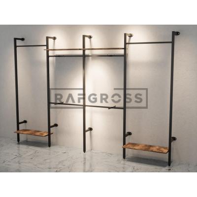 375x250 cm Duvara Monte Modüler Mağaza Raf Sistemi | 90 cm Askılık ve 30x90 cm Raflı Metal Butik Standı | Giyinme Odası ve Showroom Raf Ünitesi-205