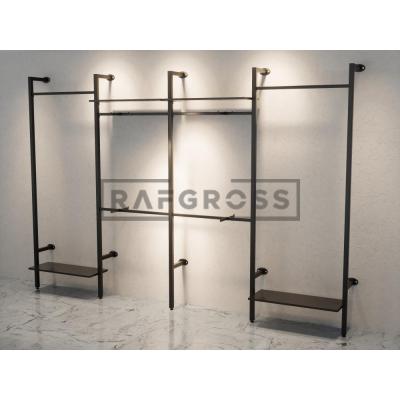 375x250 cm Duvara Monte Modüler Mağaza Raf Sistemi | 90 cm Askılık ve 30x90 cm Raflı Metal Butik Standı | Giyinme Odası ve Showroom Raf Ünitesi-206