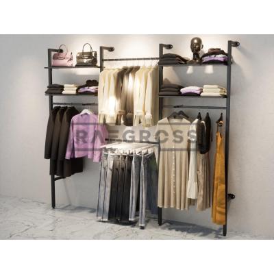 285x250 cm Duvara Monte Modüler Mağaza Raf Sistemi | 90 cm Askılık ve 30x90 cm Raflı Metal Butik Standı | Giyinme Odası Raf Ünitesi-202