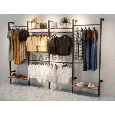 375x250 cm Duvara Monte Modüler Mağaza Raf Sistemi | 90 cm Askılık ve 30x90 cm Raflı Metal Butik Standı | Giyinme Odası ve Showroom Raf Ünitesi-205