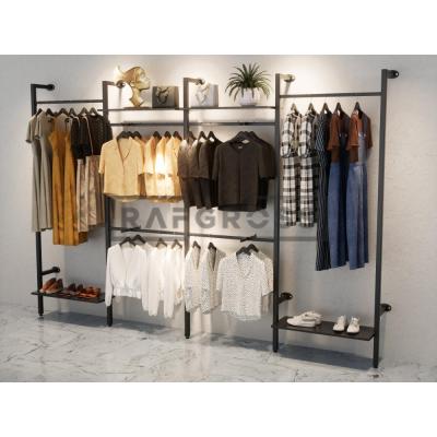 375x250 cm Duvara Monte Modüler Mağaza Raf Sistemi | 90 cm Askılık ve 30x90 cm Raflı Metal Butik Standı | Giyinme Odası ve Showroom Raf Ünitesi-206